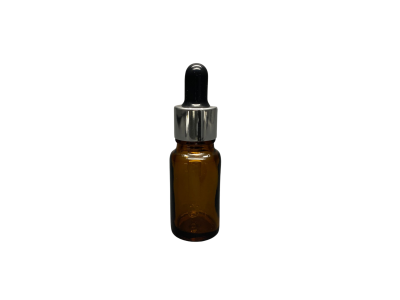 10ml - Amber Damlalıklı Cam Şişe - Gümüş Metal Kapak - Siyah Lastik