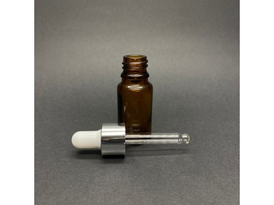 10ml - Amber Damlalıklı Cam Şişe - Gümüş Metal Kapak - Beyaz Lastik