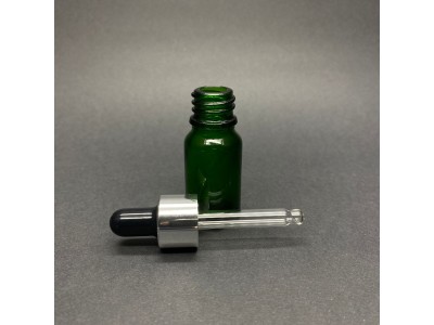 10ml - Yeşil Damlalıklı Cam Şişe - Gümüş Metal Kapak - Siyah Lastik