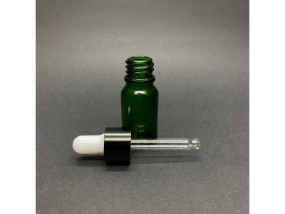 10ml - Yeşil Damlalıklı Cam Şişe - Siyah Metal Kapak - Beyaz Lastik